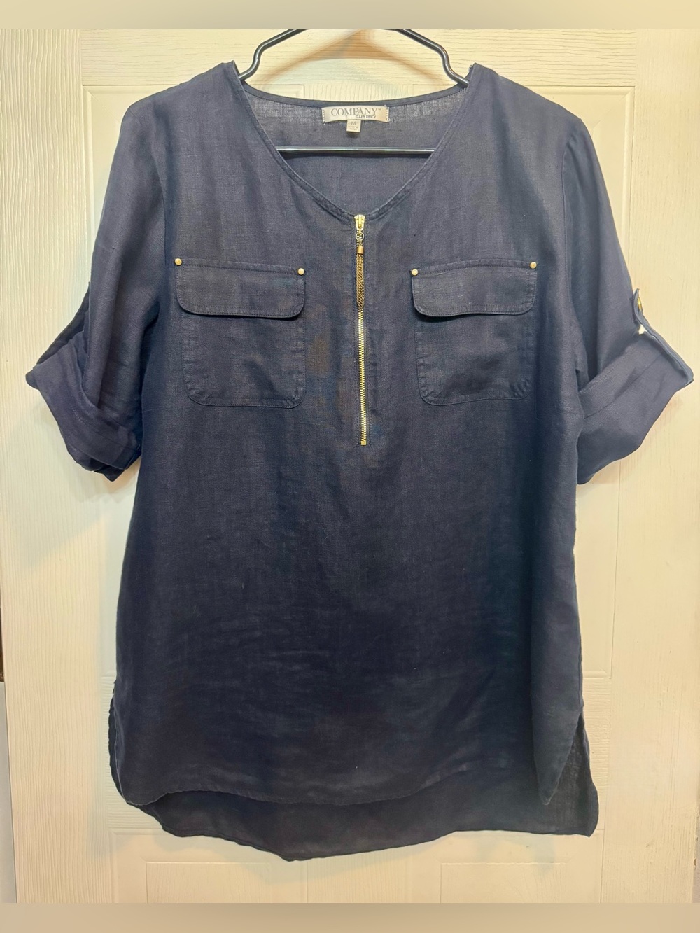 Company Ellen Tracy Navy Blue 100% Linen Roll Tab Sleeve Tunic Top M